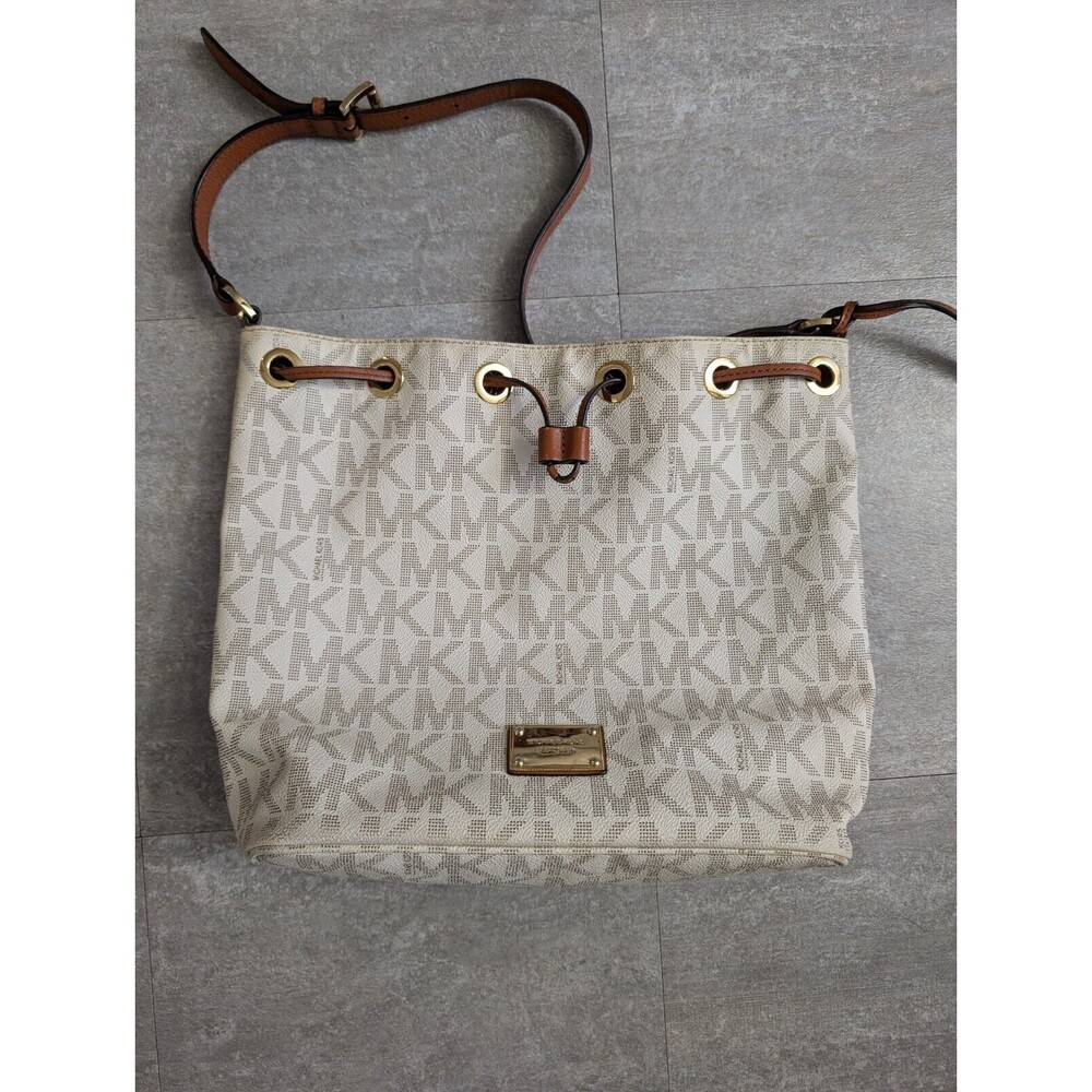 Michael Kors MK Bucket Style Bag White Brown Purse